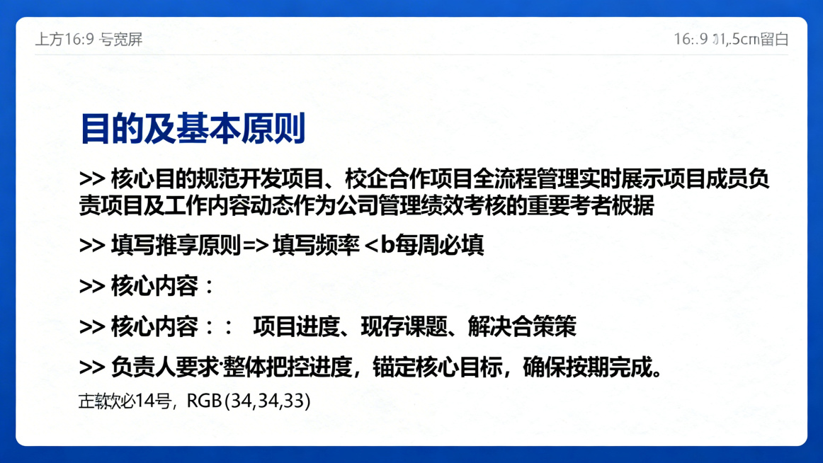 PPT页面，16:9宽屏，蓝白配色，上下左右各留1.5cm留白，居左放置标题"目的及基本原则"，字体微软雅黑24号加粗，颜色深蓝色RGB(0,51,102)。内容左对齐，保留符号✅和▶，内容为：✅ 核预览效果