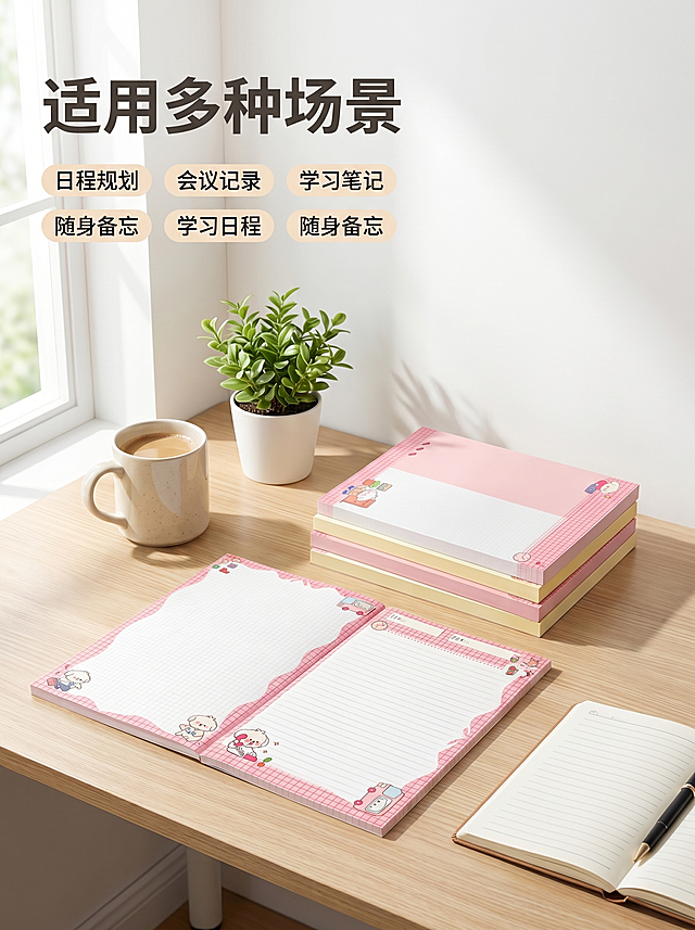[主图 4] 多场景适用展示
[氛围风格] 真实生活场景，自然有代入感
[画质] 商业摄影质感、光线柔和通透、产品清晰真实、画面干净高级
[元素] 便签本放置在整洁的办公桌面场景，旁边搭配了咖啡杯、绿植、笔记本等日常办公道具，周计划本摊开展示内页布局。保持产品图案和排版与原图一致，无变形色差。产品主体占比70%，场景搭配自然不抢主体。
[光影] 自然光从左侧窗边照入，柔和温暖，营造舒适办公氛围
[配色] 原木色桌面+白色墙面，自然温馨，产品色彩突出
[视角构图] 平视视角，场景层次分明，景深适中，主体清晰
[文字版式] 顶部左对齐写“适用多种场景”，深灰色大字粗体；底部四个小标签分两排，标注“日程规划”“会议记录”“学习笔记”“随身备忘”。
[比例分辨率] 3:4 比例，2k 分辨率，文字清晰锐利，超高清
[负向提示词] 变形，水印，文字错乱，产品模糊，背景杂乱，道具遮挡主体