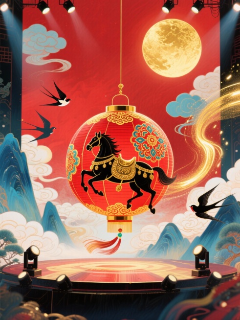 主体是金红撞色球形宫灯（灯面上绘制披挂鎏金华丽鞍具的黑色奔马图腾和宝相花纹，奔马呈飞跃姿态），宫灯在舞台灯光下快速旋转，拖出金色光尾。背景为正红底 + 金色满月，舞台上有动态光影与飞燕剪影，色调以红、预览效果