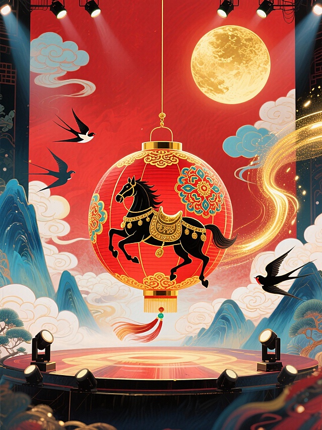 主体是金红撞色球形宫灯（灯面上绘制披挂鎏金华丽鞍具的黑色奔马图腾和宝相花纹，奔马呈飞跃姿态），宫灯在舞台灯光下快速旋转，拖出金色光尾。背景为正红底 + 金色满月，舞台上有动态光影与飞燕剪影，色调以红、金、青蓝为主，整体呈现动感十足的国潮新年氛围。