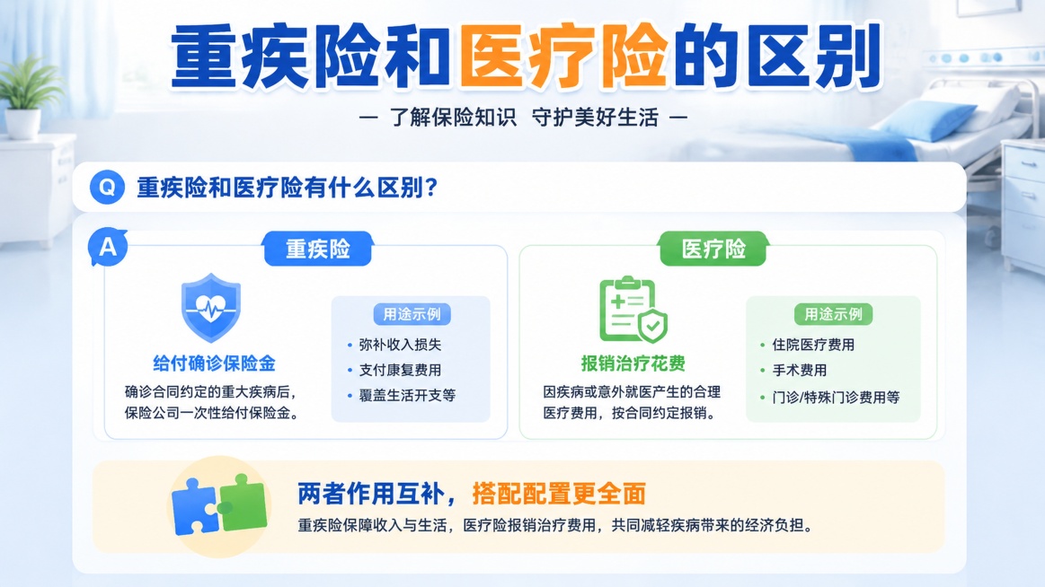 参考上传图片，将竖版重疾险和医疗险区别科普图改为横版，保留所有原内容、配色、版式和医院病房背景，排版自适应横版布局，信息清晰，纯净无水印预览效果