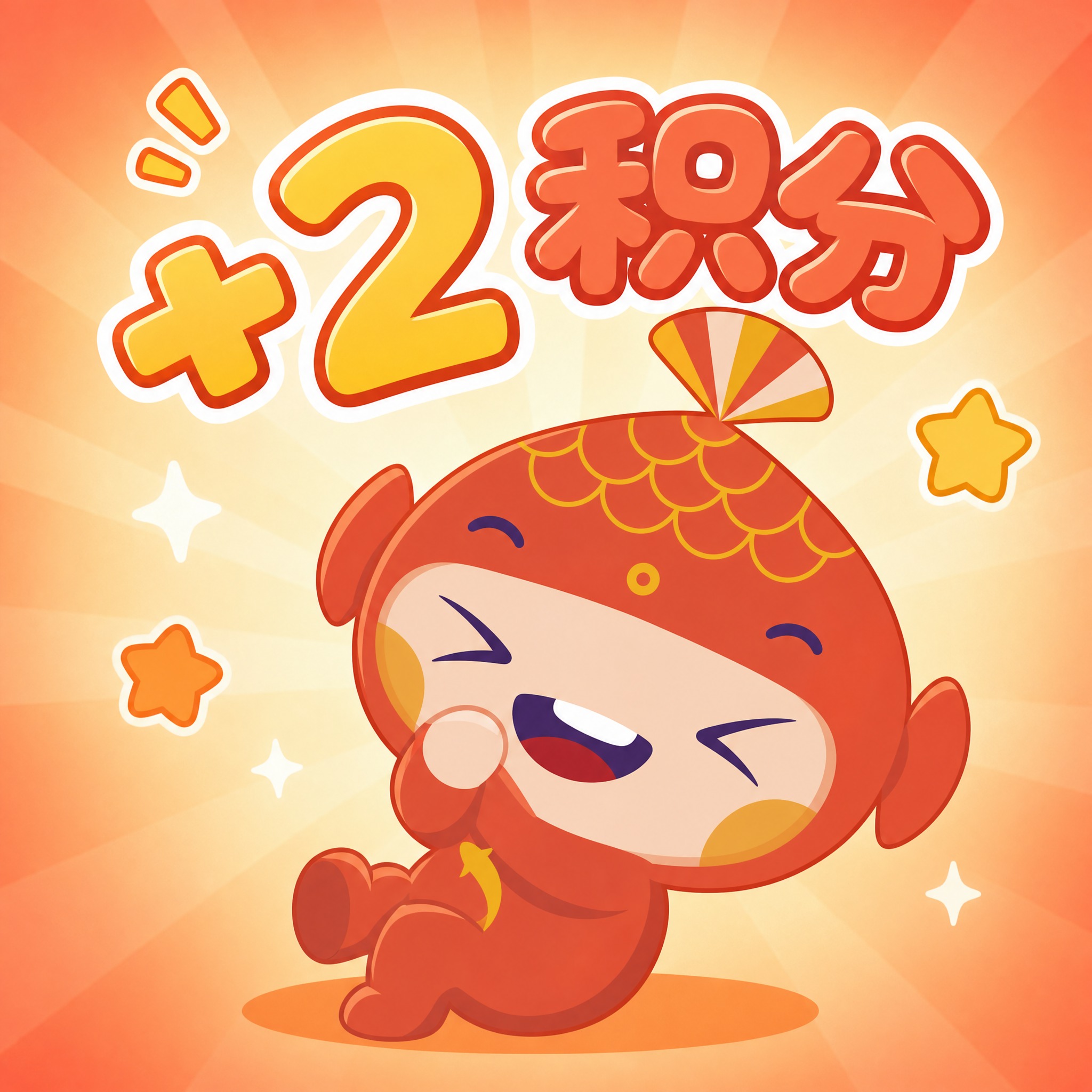 基于参考图中的红色小鱼吉祥物形象，制作+2积分表情包，保留吉祥… - 图片创意预览