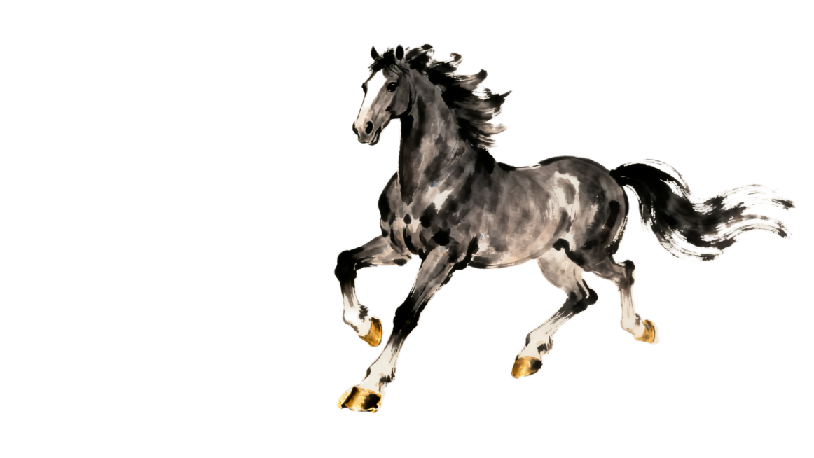 新中式国画风格，喜庆年画风，参考张大千艺术风格，画面呈现一马当先的骏马，蹄踏金币，马尾飘逸有力，场景为庭院福门，红灯高挂，爆竹迎春，采用正红、鎏金、墨黑配色，对角线构图，动感强烈，充满经典年味预览效果