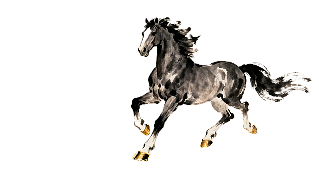 水墨晕染骏马奔腾，工笔勾勒筋骨，金蹄点缀，尽显中式古典优雅与动态体积感，唯美元素跃然纸上。