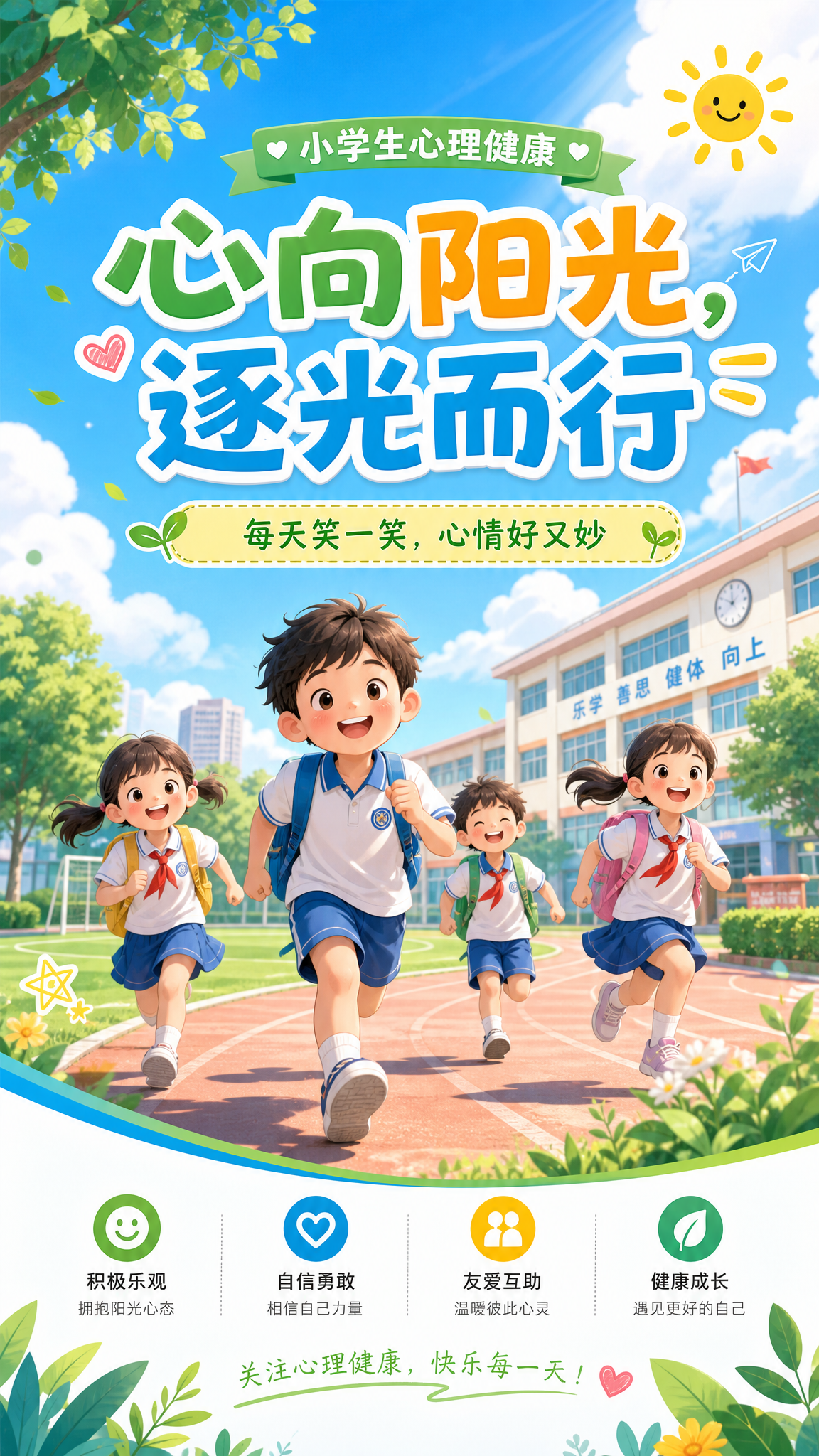 小学生心理健康主题电子海报，主题为"心向阳光，逐光而行"，口号… - 图片创意预览