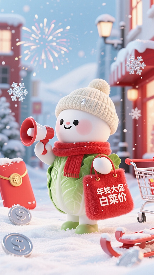 软3D风格拟人白菜，戴毛线帽围巾手持喇叭，雪景中燃放烟花，搭配红包购物车，喜庆卡通感十足，传递年终促销氛围。