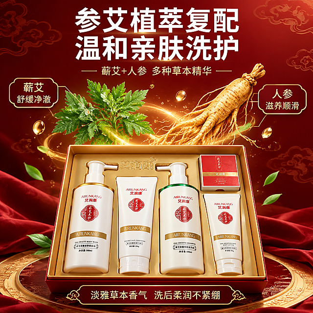 [主图-2] 核心成分解析 蕲艾人参植萃复配温和洗护。
[统一基调] 拼多多风格 大字直白 性价比感 红金中式轻奢视觉 背景主色酒红渐变配金色点缀 主标题白色粗体非衬线字体 辅助文案金色或浅米色 强调色烫金质感 卡片用金边圆角样式 整体喜庆高级有分量。
[画面] 画面中央偏下位置摆放打开的礼盒套装五件产品 产品上方悬浮两大核心成分原料 左侧是一束新鲜蕲艾草 叶片翠绿带晨露 右侧是一支完整长白山人参 参须清晰 中间有金色光效连接两者 成分周围飘散少量草本精华液滴与金色光点 背景为深酒红色渐变 带有淡淡的中式祥云暗纹 上方大标题区域 左右两侧用金色引线分别指向蕲艾和人参 各配一个金边圆角小卡片说明对应功效。
[光影质感] 商业摄影质感 植物原料真实自然 有晨露水珠反光 产品保持原有光影 金色光效柔和不刺眼 整体通透有植萃纯净感。
[配色] 酒红主背景 金色引线与卡片边框 白色主标题 绿色蕲艾点缀 土黄色人参 产品白红金配色保持不变。
[文字版式] 顶部居中大标题 参艾植萃复配 温和亲肤洗护 白色粗体大字 下方金色小字 蕲艾+人参 多种草本精华 左侧引线卡片 蕲艾 舒缓净澈 右侧引线卡片 人参 滋养顺滑 底部一行小字 淡雅草本香气 洗后柔润不紧绷 文字均放在上下负空间 不遮挡产品主体。
[输出要求] 1:1正方形 文字清晰可读 产品清晰不变形 无错字 无水印 无平台Logo 无二维码 不出现医疗功效表述 不出现极限词 产品外观颜色结构与参考图一致 禁止悬浮穿模。