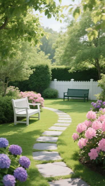 阳光明媚的花园场景，写实风格，高分辨率摄影质感，温暖明亮的自然光从树叶间隙洒下，形成斑驳光影，翠绿的草坪修剪整齐，由灰色石板铺成的小径蜿蜒其中，小径两侧点缀着盛开的粉色杜鹃花和紫色绣球花，左侧有一张白色木质长椅，右侧远处有一张深绿色长椅，背景是白色木栅栏和茂密的绿树灌木丛，整体氛围宁静舒适，充满生机与自然气息，画面构图采用三分法，景深自然，色彩和谐统一，以绿色为主色调，辅以粉紫色花卉点缀，光影……预览效果