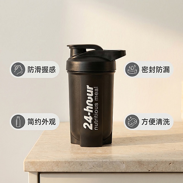 [垫图] https://gdesign-dam-hz.dancf.com/35888543614097500/cc05ab921a6746739df1facc02a82a80.jpg
[主图主题] 运动水杯核心卖点展示图
[氛围/风格] 舒适简约家居治愈风格 柔和暖调光影
[画面元素] 黑色运动水杯放置在浅米色石材台面上 背景为简洁浅奶白色 四个卖点胶囊标签均匀环绕产品主体 每个标签配对应简约小图标 整体干净整洁突出卖点
[配色色系] 主色调：产品黑 背景米白 标签配色用浅灰底深灰字 低饱和色调保持清新感
[视角构图] 产品居中对称构图 平拍视角 焦点清晰对准产品
[文字版式] 四个卖点标签依次为 "防滑握感" "密封防漏" "简约外观" "方便清洗" 每个卖点使用圆角胶囊框承载文字 文字为黑色无衬线体 环绕产品布局均衡不遮挡主体