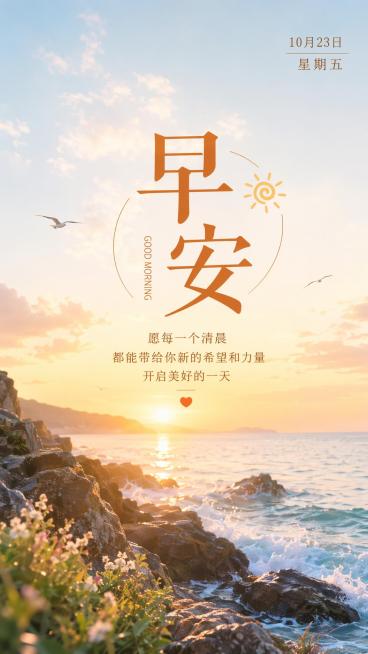 清新自然风朋友圈早安海报，主标题“早安”，右上角标注“10月23日 星期五”，画面搭配清晨海边礁石风景，主标题居中，文字清晰可读，版式精美，比例9:16，色调柔和温暖预览效果