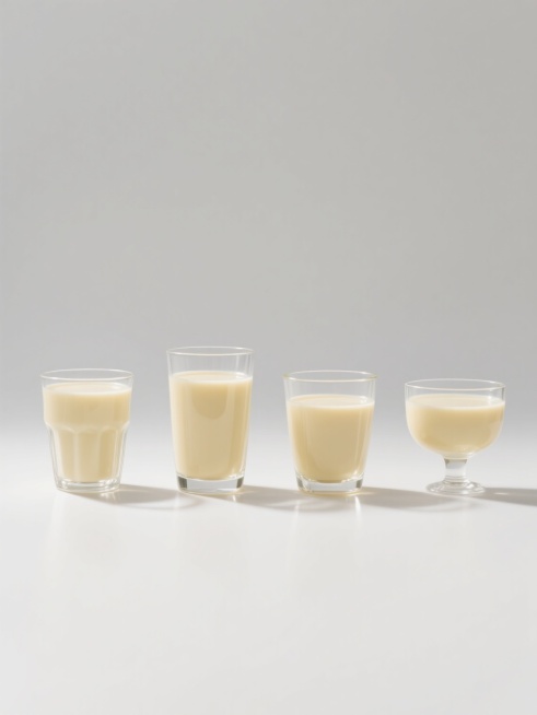 简约现代风格，纯色背景，四个不同造型的豆浆杯规整排布，每个杯子为透明玻璃杯材质，内部装有淡黄色豆浆，表面光滑有光泽，呈现出自然的液体反光效果，整体画面干净整洁，无任何文字、logo和水印。预览效果