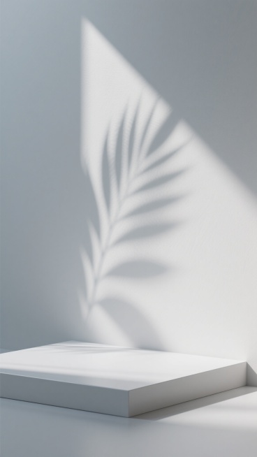 极简主义风格的白色展台场景，纯净的浅灰色背景墙，柔和的自然光从左上角斜射而下，在墙面和台面上投下清晰而富有层次感的植物叶片光影图案，叶片投影呈现出半透明的渐变效果和细腻的轮廓边缘，光影交错形成自然的韵律感，整体画面营造出宁静、优雅、简洁的氛围，光线明亮柔和，阴影过渡自然，具有高品质的3D渲染质感，画面下方是光滑平整的白色展台平面，展台边缘与背景墙自然衔接，整个构图简约大气，留白充足，视觉焦点集……预览效果
