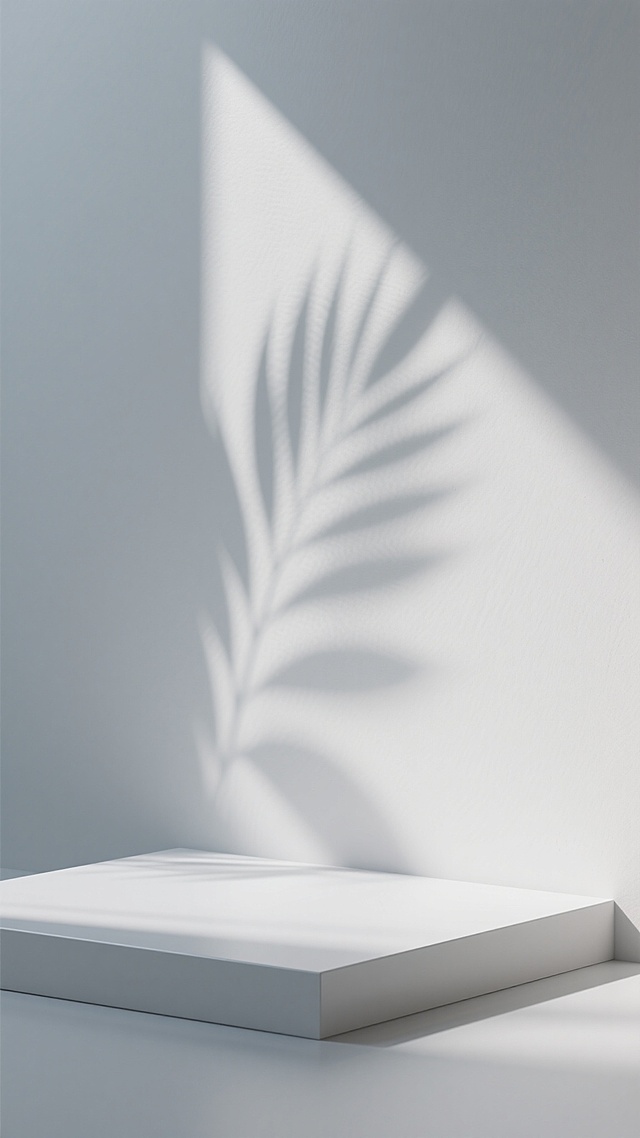 极简主义风格的白色展台场景，纯净的浅灰色背景墙，柔和的自然光从左上角斜射而下，在墙面和台面上投下清晰而富有层次感的植物叶片光影图案，叶片投影呈现出半透明的渐变效果和细腻的轮廓边缘，光影交错形成自然的韵律感，整体画面营造出宁静、优雅、简洁的氛围，光线明亮柔和，阴影过渡自然，具有高品质的3D渲染质感，画面下方是光滑平整的白色展台平面，展台边缘与背景墙自然衔接，整个构图简约大气，留白充足，视觉焦点集中在光影与展台的结合部。