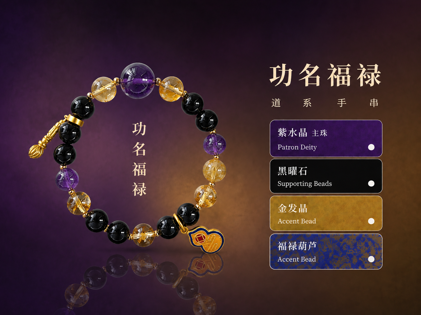 以之前道系手串宣传图的版式为模板，将这张功名福禄手串制作成同款… - 图片创意预览