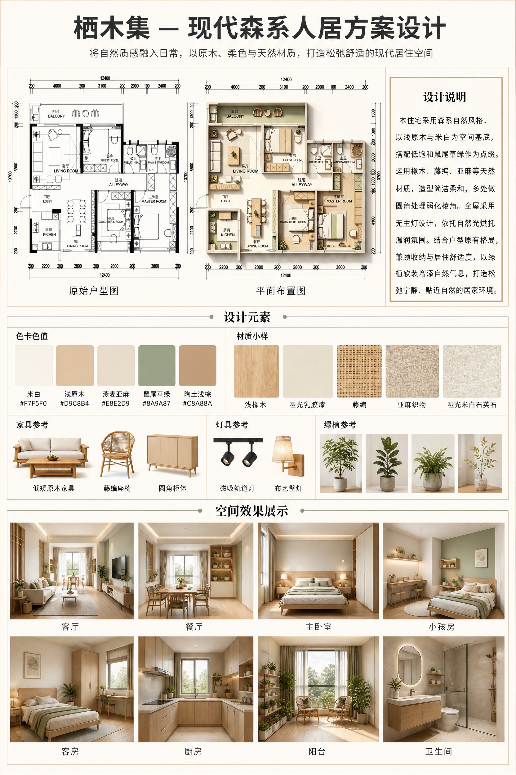 一张室内住宅毕业设计A3竖向展板，浅米白底色，深炭灰色文字，森… - 图片创意预览