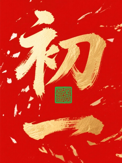主体是巨型金色书法 “初一”，笔触苍劲有飞白质感，字间嵌入绿色传统回纹印章图案。红色背景。预览效果