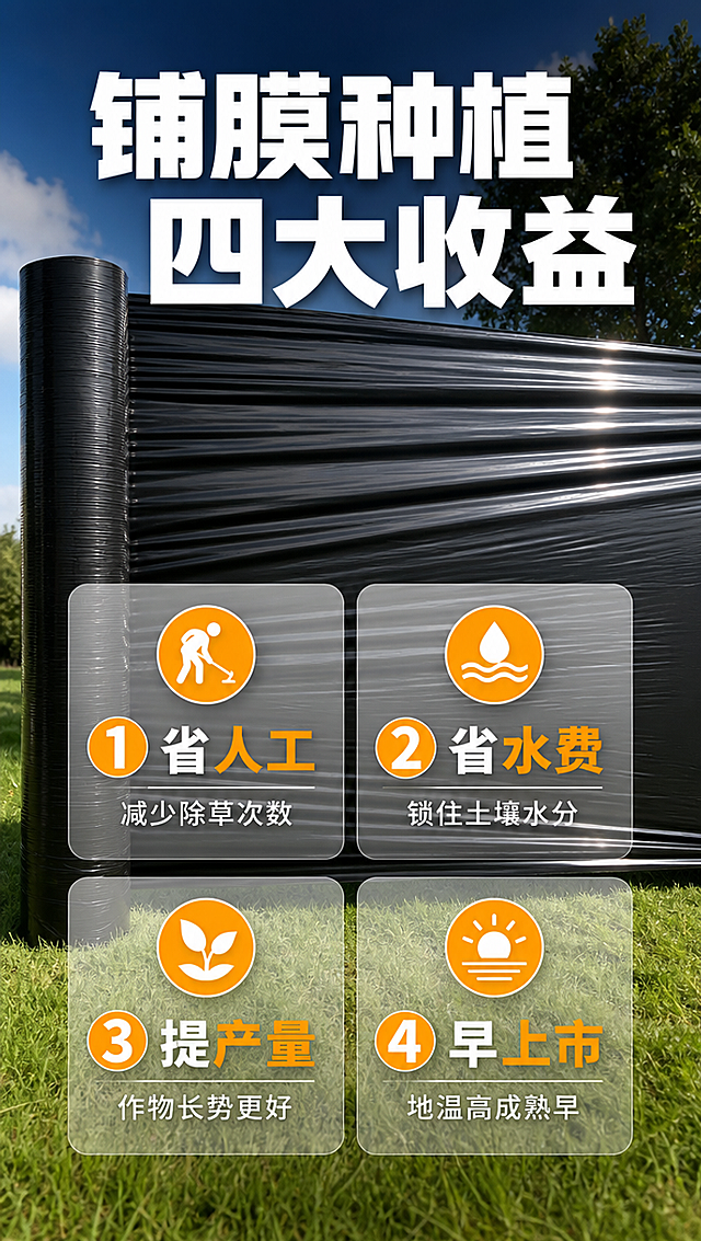 [商品] 使用【图4】黑色地膜展开竖立的大图；保留黑色亮面材质、大面积展开的膜面、卷装在左侧、膜面横向拉伸纹理；商品处理：保留产品颜色、材质、展开形态，增强膜面大面积展开的视觉冲击力和光泽质感。
[画面] 目标：使用效益转化，四大收益可视化。构图：产品大面积展开作为背景占画面70%，前景叠加4个圆角收益卡片，2×2排列；卡片半透明浮在膜面前方。阅读动线：顶部标题→四张收益卡逐格。
[视觉] 套系策略：风格=农资五金建材专业商业摄影风；标题字=粗黑体厚重有力；正文字=思源黑体清晰易读；主色=深黑+翠绿；背景延展=黑色地膜大面积+底部草地过渡；强调色=橙黄色，仅用于收益数字和图标；标题色=白色（黑底上）；正文色=白色/浅灰；组件=半透明白底卡片、图标+数字+文字组合；光影=侧光打在膜面上形成高光带。
[文字] 顶部主标题"铺膜种植 四大收益"（8字）；四张收益卡：①省人工 减少除草次数；②省水费 锁住土壤水分；③提产量 作物长势更好；④早上市 地温高成熟早。每卡配图标+标题+说明，重点词用橙黄色高亮。
[规格] 图片比例9:16竖版，4K分辨率，负向提示：避免变形、错字、文字过小、产品颜色改变、冷蓝背景、水印、二维码、绝对化用语、虚构精确增产百分比。