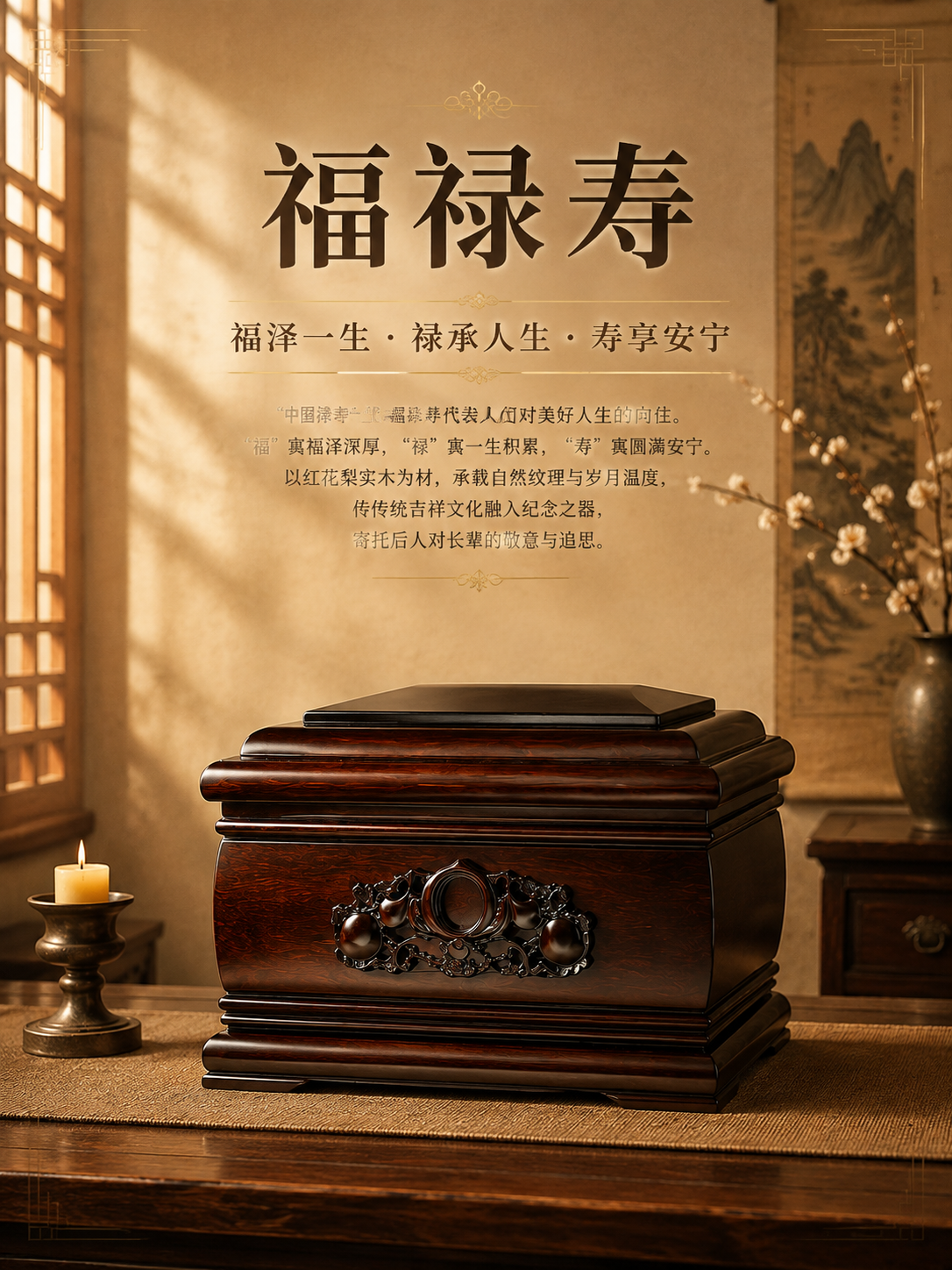 [商品] 使用【图2】福禄寿红花梨实木骨灰盒；保留整体天地盖结… - 图片创意预览