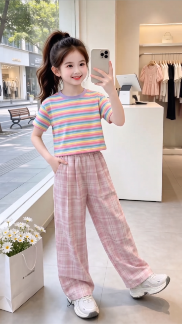 用图1的短袖和裤子替换图的2的人物穿搭衣服裤子，保留原场景光影，保持图2的人物的五官和发型不变，图片宽高尺寸不变，背景不变，鞋子不变，人物姿势不变，保持图1的短袖和裤子的款式材质不变和颜色不变预览效果