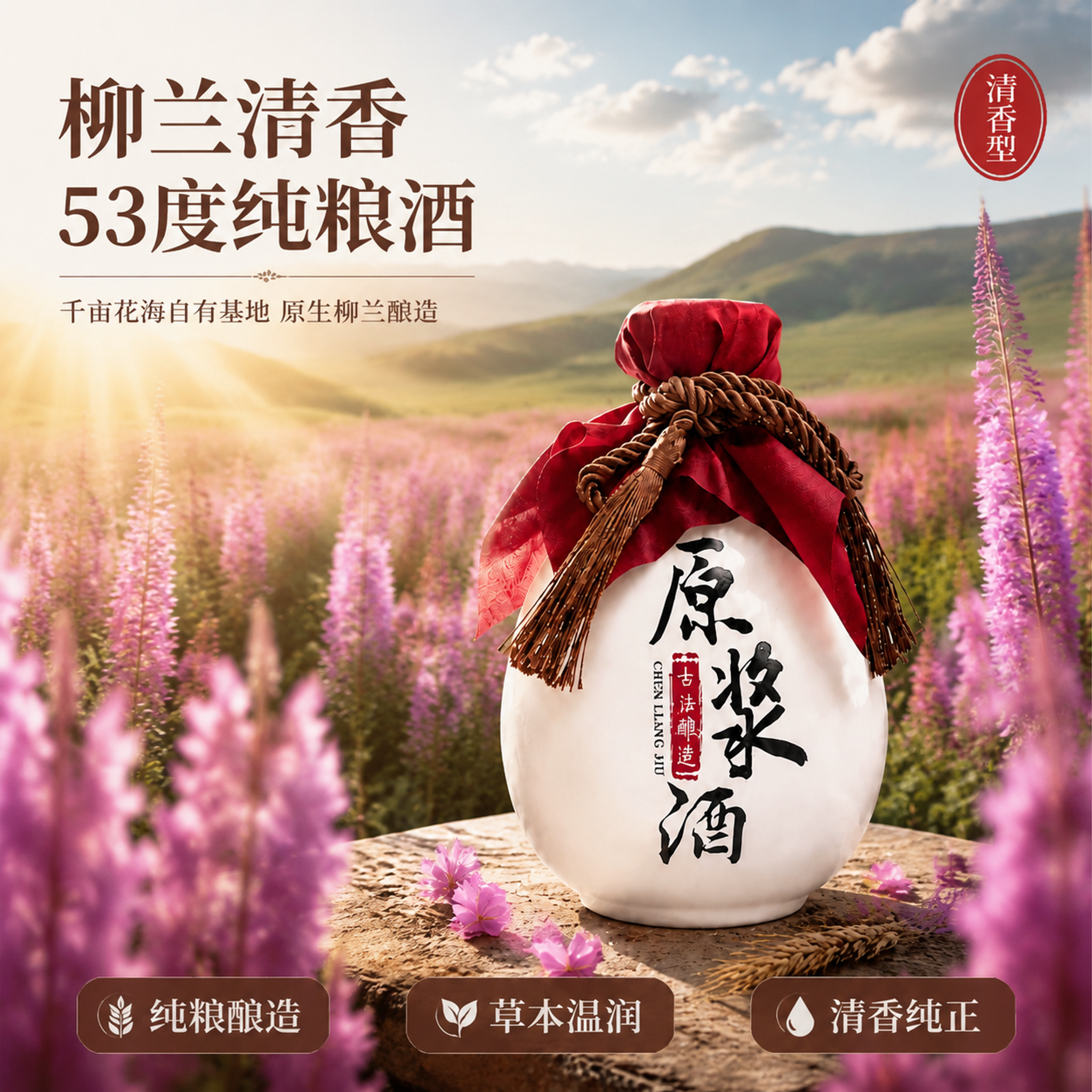 [主图-1] 柳兰清香白酒首图 千亩花海产地氛围 正方形构图。… - 图片创意预览