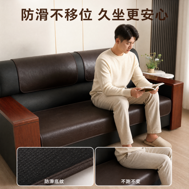 [主图-2] 功能亮点-防滑不跑位功能展示。保持这款深棕色皮革沙发坐垫外观、物理结构、材质质感、颜色与输入产品图绝对一致，杜绝任何变形和色差，精细化处理。氛围风格：真实体验场景感。画质：商业摄影质感，预览效果