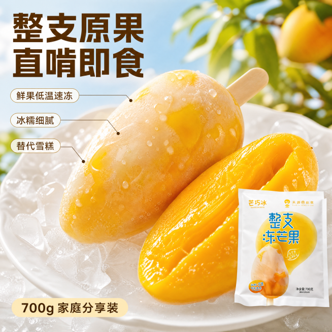 「图片1」，生成一套主图（5张），商品名称是芒巧冰整支冻芒果，卖点是整颗鲜芒速冻，配料只有芒果无额外添加、不掺糖水，纯鲜果锁鲜，配料干净看得见冰爽绵密，像在啃芒果冰淇淋 鲜果低温速冻，果肉冰糯细腻，夏预览效果
