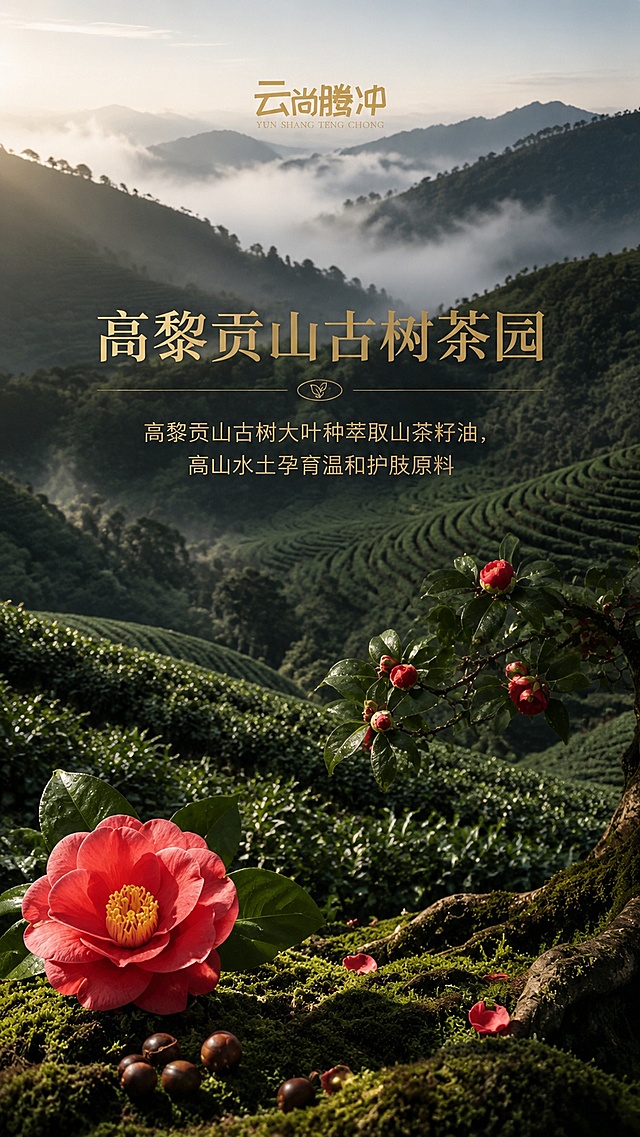 [第2屏] 品牌产地板块-高黎贡山古树茶园产地介绍，本屏使用【图4】作为茶园环境展示。
[氛围/风格] 自然山野国风，高级轻奢氛围感，实景摄影质感。
[元素布局] 远景是层叠云雾缭绕的高黎贡山梯田茶园，近景保留红色山茶花与茶籽作为前景装饰，画面层次丰富，远山茶树郁郁葱葱，自然生态氛围浓郁。
[光影质感] 清晨薄雾柔光，整体光线柔和自然，营造出高山茶园的原生态氛围感。
[配色色系] 深绿色山林底色，主色自然翠绿，点缀山茶花红色与金色文字，整体保持深色轻奢调性。
[视角构图] 全景开阔视角，近景远景层次分明，阅读从上到下。
[文字版式] 画面中部主标题「高黎贡山古树茶园」，下方副标题「高黎贡山古树大叶种萃取山茶籽油，高山水土孕育温和护肤原料」，全部文字为金色，排版整齐留白充足。
[比例分辨率] 9:16竖版比例，宽度750px，4K分辨率，文字清晰可辨，高清画质。
[负向提示词] 文字错乱，文字过小，水印，多余元素，色彩失真。