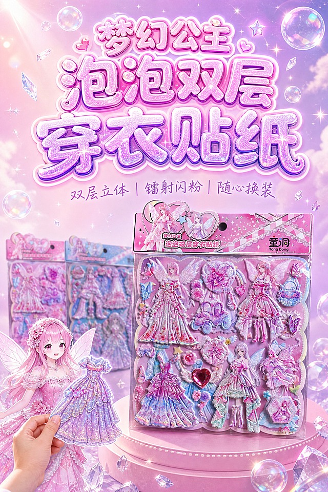 童洞梦幻公主泡泡双层穿衣贴纸电商详情图首屏banner梦幻登场，2:3竖版构图，上半部分标题区下半部分产品展示区，严格还原上传产品图，完全还原原图不修改，梦幻大气风格。上半部分标题区主标题超大号气泡可爱文字配镭射霓虹质感，粉紫渐变加白色柔光描边加细碎闪粉，分三行，第一行梦幻公主，第二行泡泡双层，第三行穿衣贴纸，字号由小到大递进。主标题下方副标题用纤细手写文字浅粉紫色，写双层立体 | 镭射闪粉 | 随心换装。下半部分产品展示区紫色款包装居中偏右、四分之三侧面立在浅粉色圆形展台上，左侧铺开粉色款和蓝色款略小虚化，左下角立二次元换装娃娃加真人小手举大镭射礼服准备换装。背景为奶粉到粉紫朦胧渐变天空，满布透明镭射气泡、星芒、水晶碎片。光线为左上45度柔光，产品边缘轮廓光。贴纸内页波浪花瓣形模切花边加白色珍珠串珠描边，100%精准还原弧度与每颗珍珠，边缘锐利清晰。整体梦幻大气、层次饱满、视觉冲击力强。
