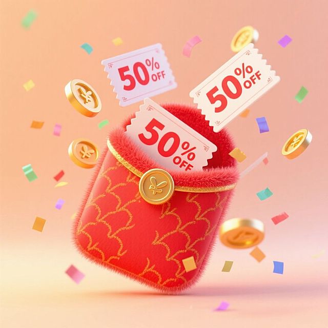 一个红包打开，飞出多张“50%OFF”优惠券，围绕着金币，点缀彩色碎纸，淡橙色渐变背景