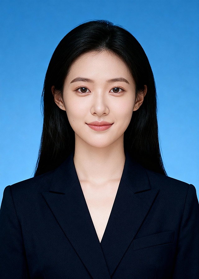 V领黑色西装蓝底证件照