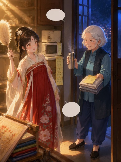 新海诚动画原画，你的名字背景美术，绘本竖版中景双人对手戏。画面左侧：芙小绣站在绣坊中央鸡毛掸子还举在半空没放下，身体后退半步歪着头，表情从惊恐切换为迷惑——琥珀色杏眼里全是问号，嘴微张露一点牙，高髻歪预览效果