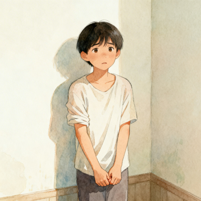 柔和插画风格的全身画面，一个人站在浅色调的房间角落，肩膀微微蜷缩，双手攥在身前，眼神带着小心翼翼的怯意，整体画风温暖柔和，无不适内容，自然表现出紧张不安的状态预览效果