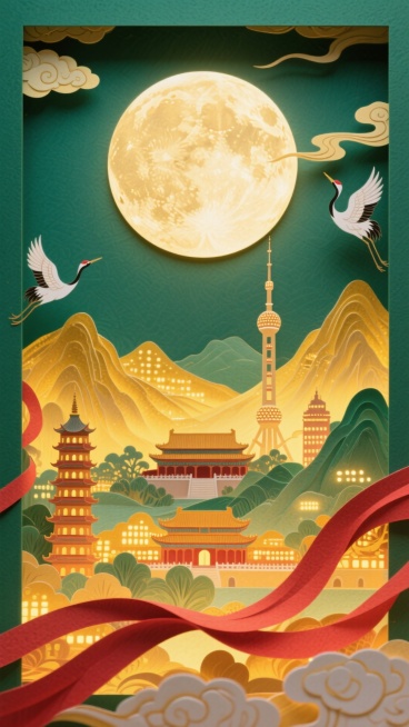 一轮巨大的圆月为占据画面中心的特写，底部以工笔风格呈现出全景的金色的山峦叠嶂间呈现北京故宫、上海东方明珠、杭州雷峰塔，万家灯火渐变温暖的光影，祥云装饰，仙鹤飞舞，红绸穿绕，绿色基底预览效果