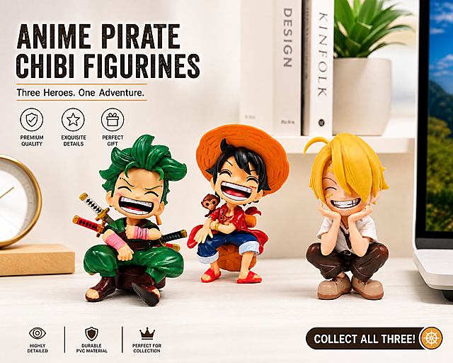 Place the three One Piece chibi figurines (Roronoa Zoro, Monkey D. Luffy, Vinsmoke Sanji) on a clean modern desktop background, e-commerce product display scene, English version, bright lighting, commercial photography style, high detail