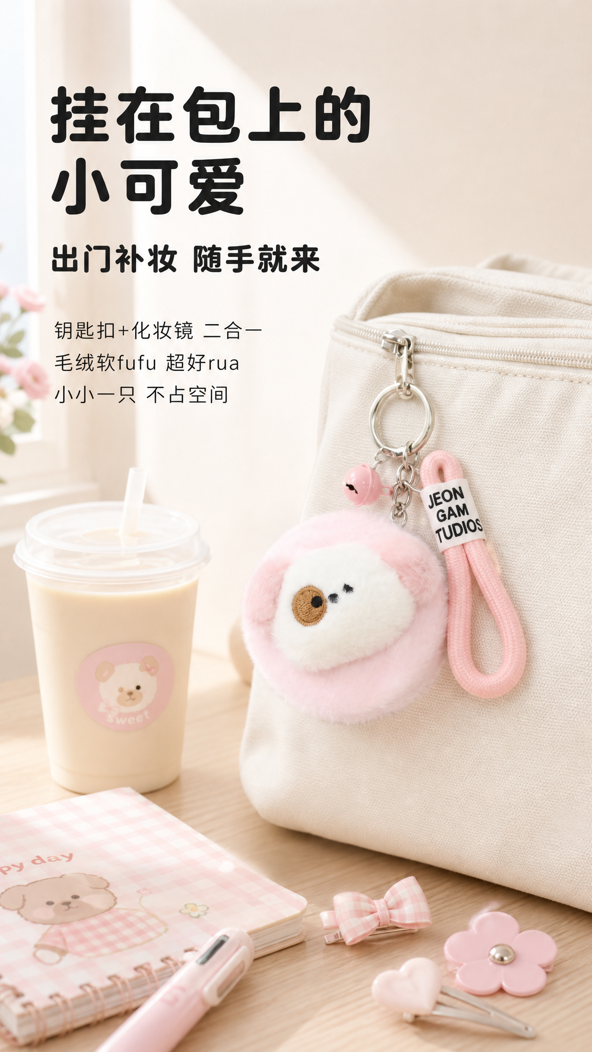 将背景替换为浅杏奶白#FFF5EE的日常治愈场景，粉色款小狗毛… - 图片创意预览