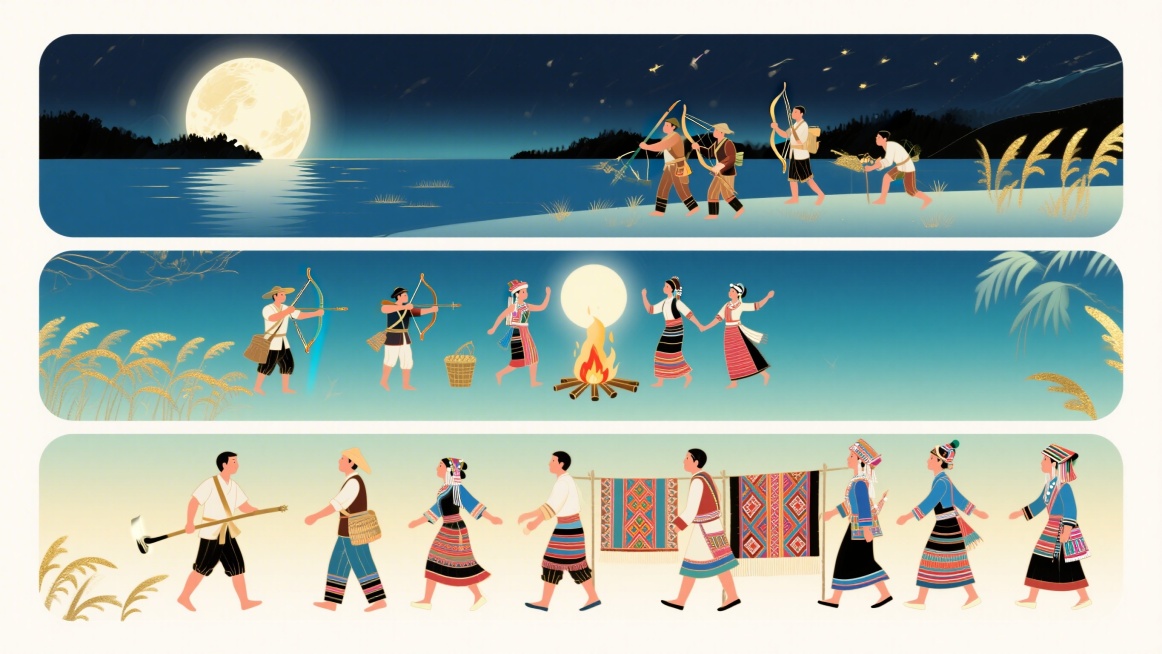 重新创作拉祜族迁徙故事插画，采用横向三段式蒙太奇构图：第一段绘制糯海厄湖泊边拉祜猎人持弩、汉族农人持锄共居狩猎耕作，融入日月沐浴神话光晕；中段描绘火塘边，拉祜族男女穿着传统服饰在月光下踏歌起舞；第三段预览效果