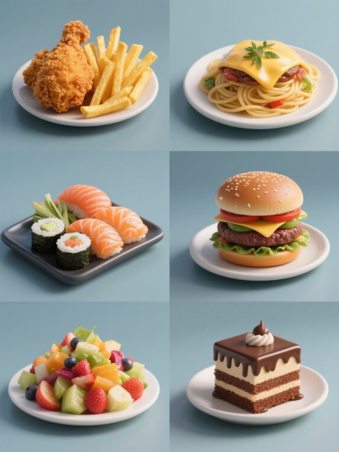 六个不同内容的美食集合，每个都采用超写实3D渲染风格，有着极致的细节表现和逼真的材质质感，包括酥脆的炸鸡配金黄薯条、淋满芝士的意大利面撒着香草、新鲜的三文鱼寿司拼盘、层层叠叠的牛肉汉堡夹着蔬菜、色彩鲜艳的水果沙拉和香浓的巧克力蛋糕，每个美食都有清晰的光影效果，柔和的高光和自然的阴影，放置在纯色背景上，整体呈规整的网格排布，每个美食元素都保持独立且细节丰富，色彩整体协调统一又各有特色预览效果