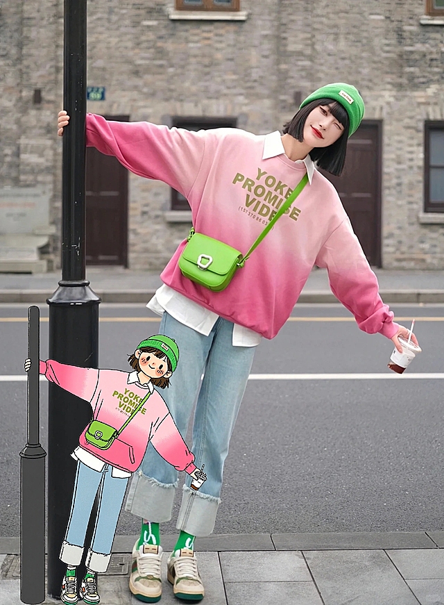 清新可爱插画风，卡通少女街拍，绿色点缀，活力满满。