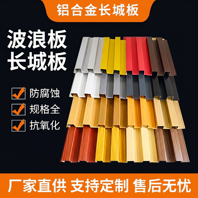 参考提供的铝合金长城板波浪板电商宣传图风格，生成一张产品宣传主图，保留深色背景和橙黄色顶部标题栏，顶部文字为"铝合金波浪板"，左侧大字体写"波浪板 长城板"，列出三个优势：防腐蚀、规格全、抗氧化，底部预览效果