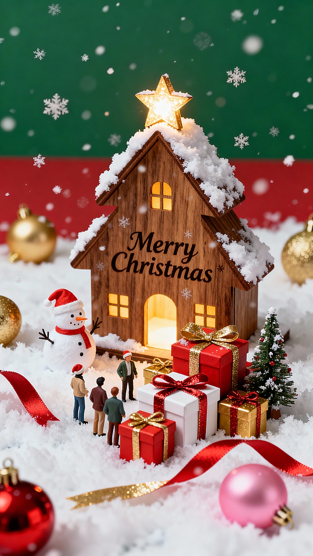 微缩景观风格，3D 渲染，圣诞树造型的微型房屋（带有 “Merry Christmas” 文字、顶部发光星星、被雪覆盖），戴圣诞帽的雪人，微型人偶围站在礼物旁，成堆的红 / 金 / 白色带丝带的礼盒，小型圣诞树；绿红撞色背景，白色蓬松雪花纹理，暖金色 / 红色 / 粉色装饰球，暖黄色室内灯光 + 柔和发光效果，散景雪花；正面轻微低角度居中构图，木质房屋纹理 + 闪亮丝带细节；营造温暖舒适、喜庆欢乐