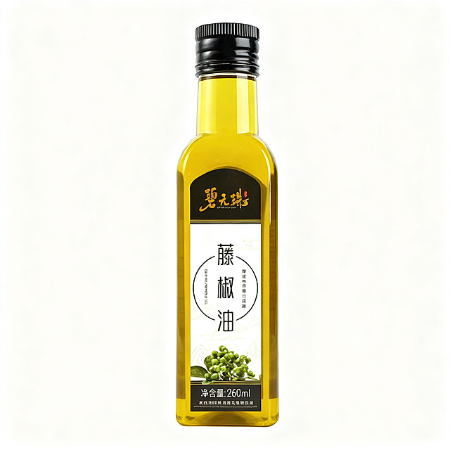 淘宝电商主图，藤椒油，纯白色配色，突出卖点香味浓郁的藤椒油，方形1:1比例，商品清晰展示，适配天猫平台