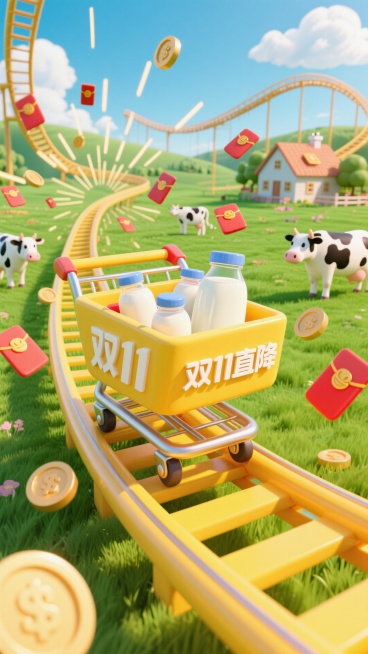 主视觉为装满牛奶的购物车在黄色过山车轨道上快速滑行，购物车上写“双11直降”，背景包含绿色草地，乡村农舍和蓝天白云。草地上有奶牛。很多红包和金币在购物车旁呈放射性从远处向屏幕前来。预览效果