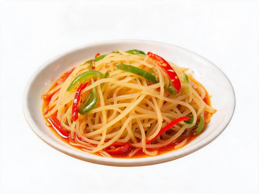 将盘中的菜品替换为川味土豆丝，酸辣口味，土豆丝搭配青椒红椒，保持白色盘子和纯白色背景不变，美食实拍风格预览效果