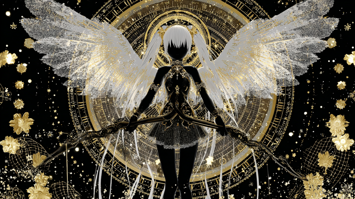 The Goddess Madoka silhouette, black body, black face, no facial features, magnificent wings made of预览效果