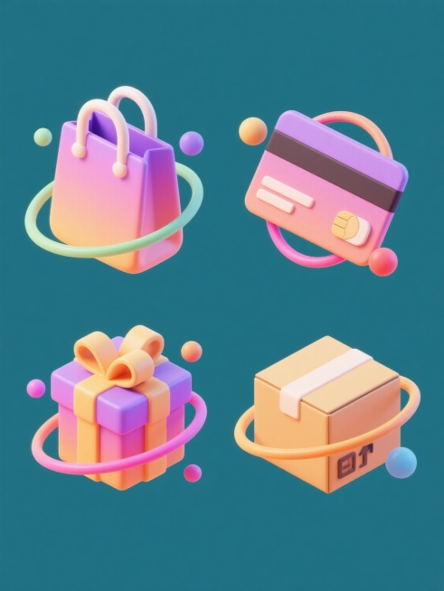 4个不同纯色背景的3D立体图标集合，每个图标都采用光滑渐变材质、圆润边角设计和简约几何造型，包含购物袋、礼盒、信用卡和快递盒元素，每个元素周围环绕彩色流动线条和圆形装饰，整体呈现明亮活泼的现代感，图标等距排列形成规整的系列化布局预览效果