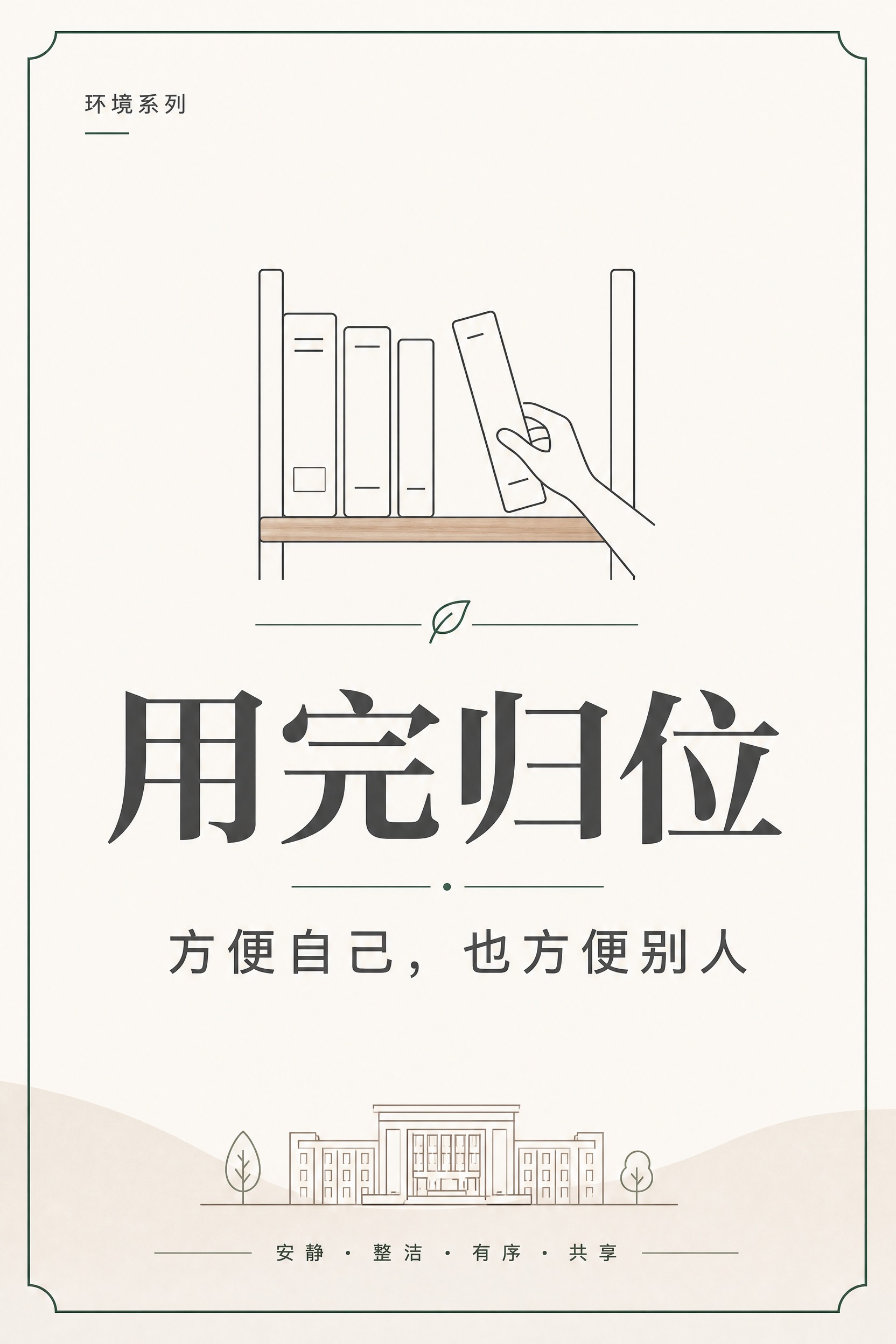 大学图书馆文明提示海报，极简校园公共空间风格，简约清爽克制高级… - 图片创意预览