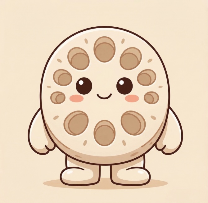 参考原图风格，生成一个Q版卡通风格的藕片小人，正面构图，画面仅保留藕片小人，保持可爱治愈的画风，干净纯色背景预览效果