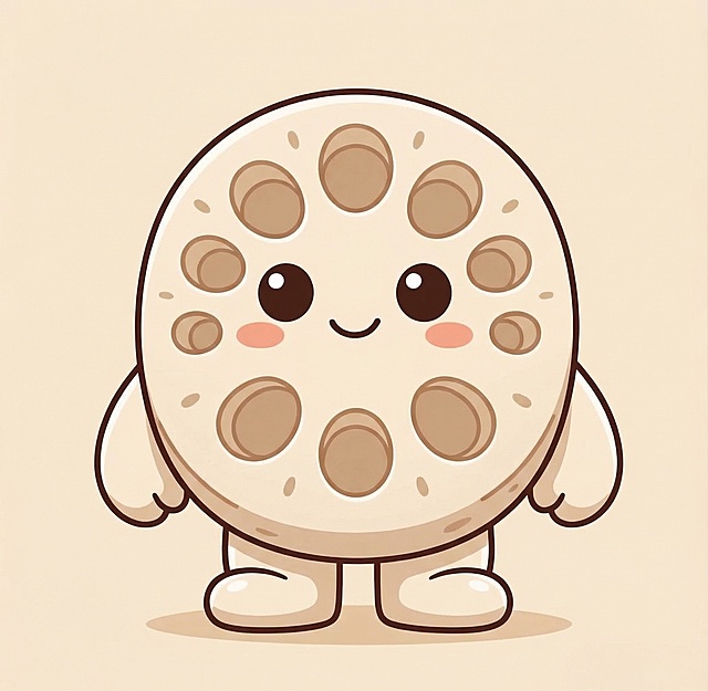 参考原图风格，生成一个Q版卡通风格的藕片小人，正面构图，画面仅保留藕片小人，保持可爱治愈的画风，干净纯色背景