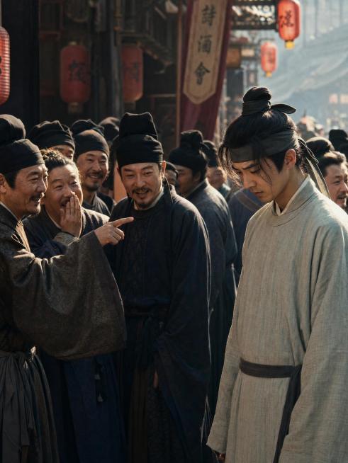 Tang dynasty gossip and slander scene, people whispering in a crowded street, a dejected young poet预览效果