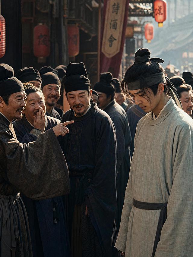Tang dynasty gossip and slander scene, people whispering in a crowded street, a dejected young poet standing aside, dramatic lighting, realistic historical illustration, high resolution